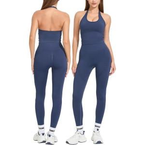 imageMOOSLOVER Women 2 Piece Workout Sets Halter Sports Bra Butt Lifting Leggings Gym Yoga OutfitsBlue