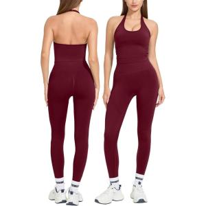 imageMOOSLOVER Women 2 Piece Workout Sets Halter Sports Bra Butt Lifting Leggings Gym Yoga OutfitsBurgundy