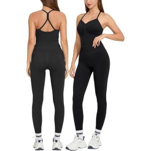 imageMOOSLOVER Women 2 Piece Workout Sets Halter Sports Bra Butt Lifting Leggings Gym Yoga OutfitsCross Backblack