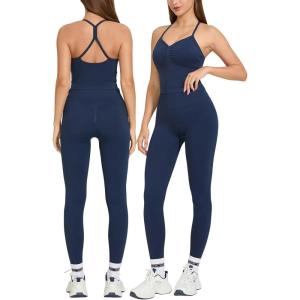 imageMOOSLOVER Women 2 Piece Workout Sets Halter Sports Bra Butt Lifting Leggings Gym Yoga OutfitsCross Backdeep Navy