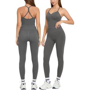 imageMOOSLOVER Women 2 Piece Workout Sets Halter Sports Bra Butt Lifting Leggings Gym Yoga OutfitsCross Backgrey