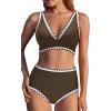 imageMOOSLOVER Women Bikini Sets Plunging High Waisted Swimsuit Whip Stitch 2 Piece Bathing SuitsBrown