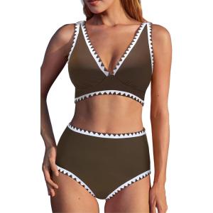 imageMOOSLOVER Women Bikini Sets Plunging High Waisted Swimsuit Whip Stitch 2 Piece Bathing SuitsBrown