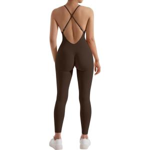 imageMOOSLOVER Women Strappy Backless One Piece Jumpsuits Tummy Control Padded Workout Rompers1 Chocolate Brown