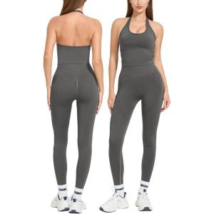 imageMOOSLOVER Women 2 Piece Workout Sets Halter Sports Bra Butt Lifting Leggings Gym Yoga OutfitsGrey