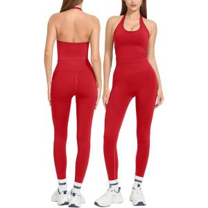 imageMOOSLOVER Women 2 Piece Workout Sets Halter Sports Bra Butt Lifting Leggings Gym Yoga OutfitsRed