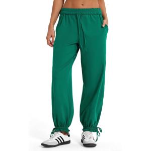 imageMOOSLOVER Women Baggy Caual Pants Cotton Lightweight Sweatpants Drawstring Flod Over Low Waist JoggersGreen