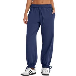 imageMOOSLOVER Women Baggy Caual Pants Cotton Lightweight Sweatpants Drawstring Flod Over Low Waist JoggersNavy Blue