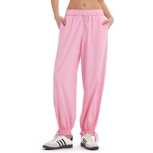 imageMOOSLOVER Women Baggy Caual Pants Cotton Lightweight Sweatpants Drawstring Flod Over Low Waist JoggersPink