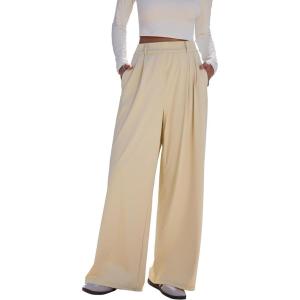 imageMOOSLOVER Women Wide Leg Dress Pants Stretch Pull On High Waisted Work Pants Business Casual Trousers with Pockets1 Off White