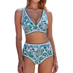 imageMOOSLOVER Women Bikini Sets Plunging High Waisted Swimsuit Whip Stitch 2 Piece Bathing SuitsGreen Floral