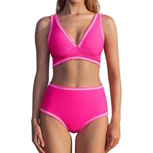 imageMOOSLOVER Women Bikini Sets Plunging High Waisted Swimsuit Whip Stitch 2 Piece Bathing SuitsPink