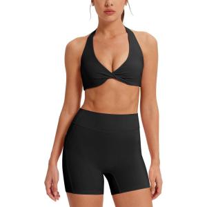imageMOOSLOVER Women 2 Piece Workout Sets Halter Sports Bra Tank Top Scrunch Butt Biker Shorts Gym Yoga OutfitsBlack