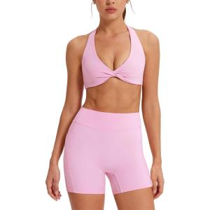 imageMOOSLOVER Women 2 Piece Workout Sets Halter Sports Bra Tank Top Scrunch Butt Biker Shorts Gym Yoga OutfitsLight Pink