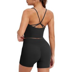 imageMOOSLOVER Women 2 Piece Workout Sets Padded Sports Bra Tank Tops Tummy Control Gym Shorts Pilates OutfitsBlack